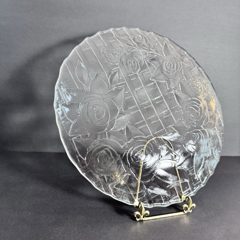 Pasari Glass‎ 14" Charger Serving Platter Crystal Livia Rose Lattice Design - Picture 3 of 5
